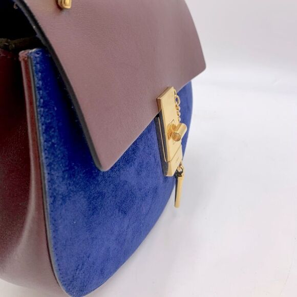 Auth Chloe Drew Mini Two Tone Leather Suede Navy Bordeaux Shoulder Bag - Picture 11 of 15